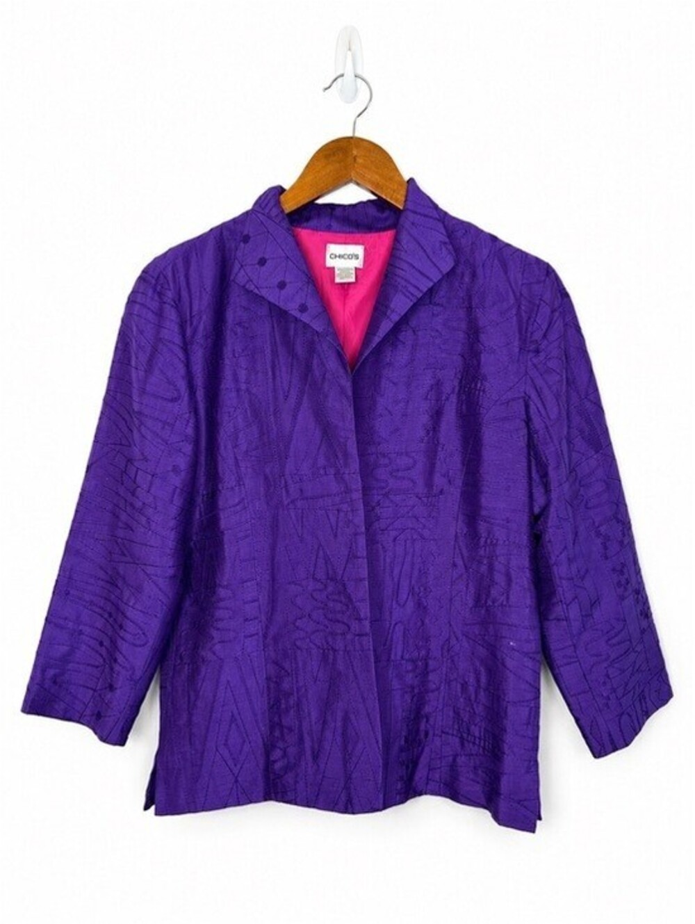 Chico's Size 1 Purple 100% Silk Embroidered Open Front Jacket Blazer Medium